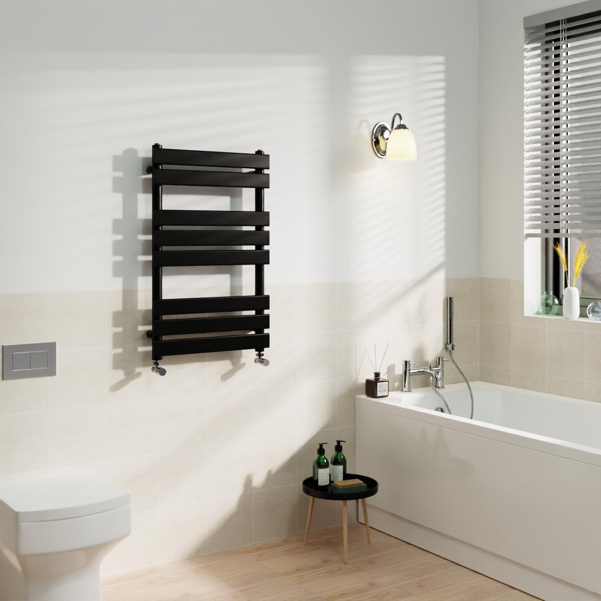Warmehaus Black Flat Panel Heated Towel Rail Radiator Ladder Rad Central Heating Towel Warmer for Bathroom Kitchen 800x500mm