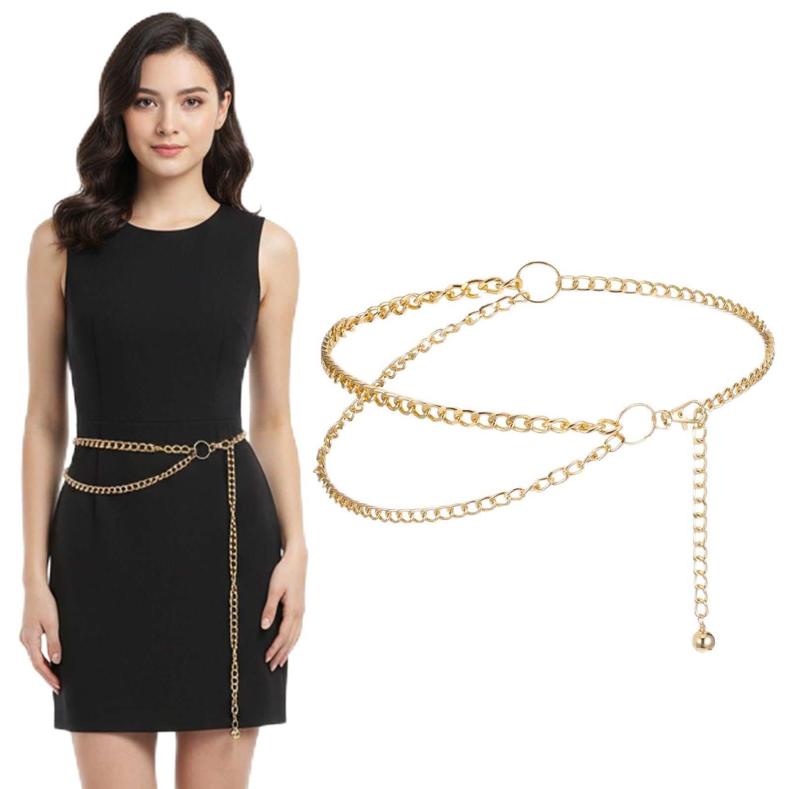 Gold Metal Waist Chain Belt for Women Adjustable Belt Chain Link Dangling Body Jewelry for Dresses Jeans -