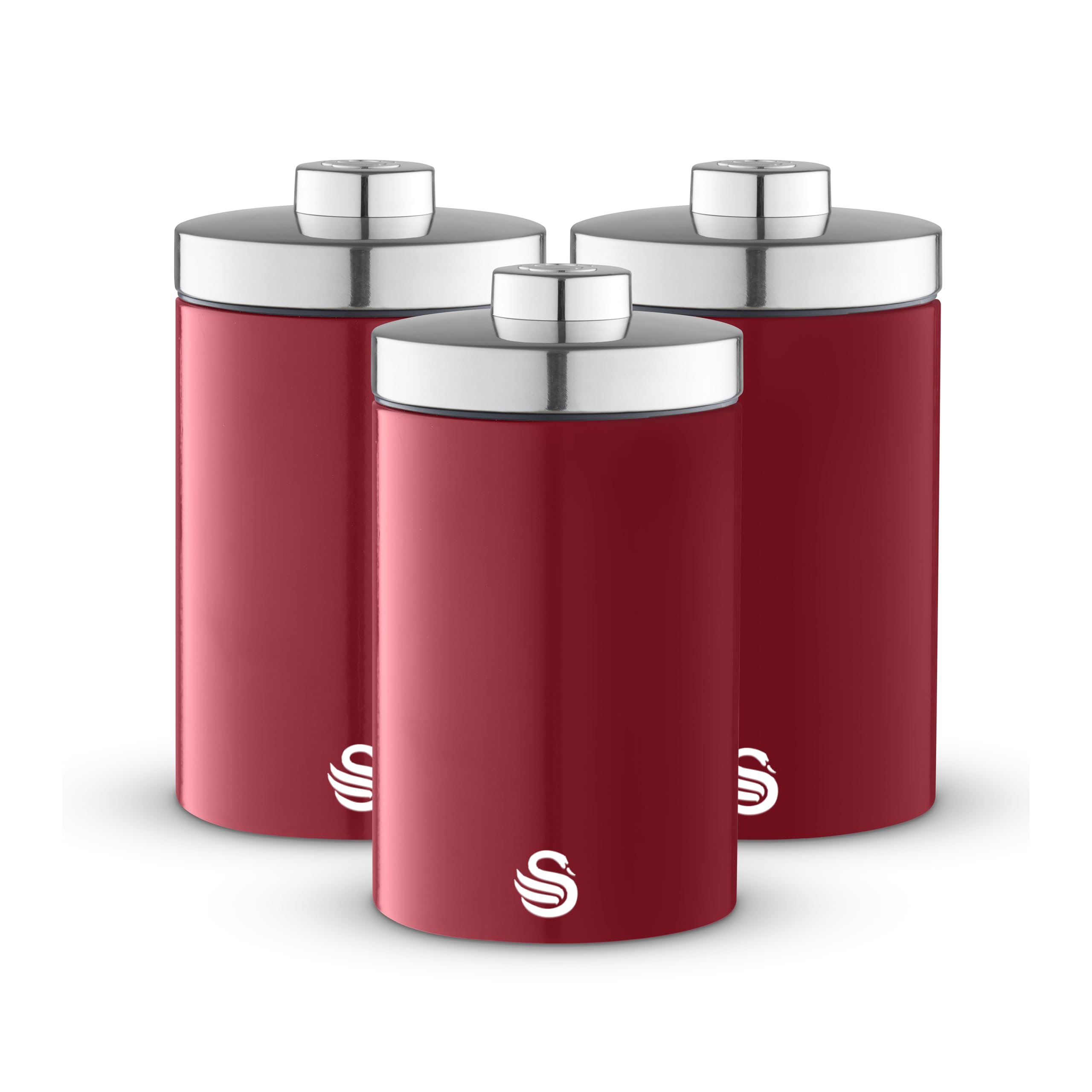 Swan Townhouse Set of 3 Storage Canisters, Stainless Steel, Airtight Lids, Colour Coated Iron and Chrome Accents, 1.6L, Red