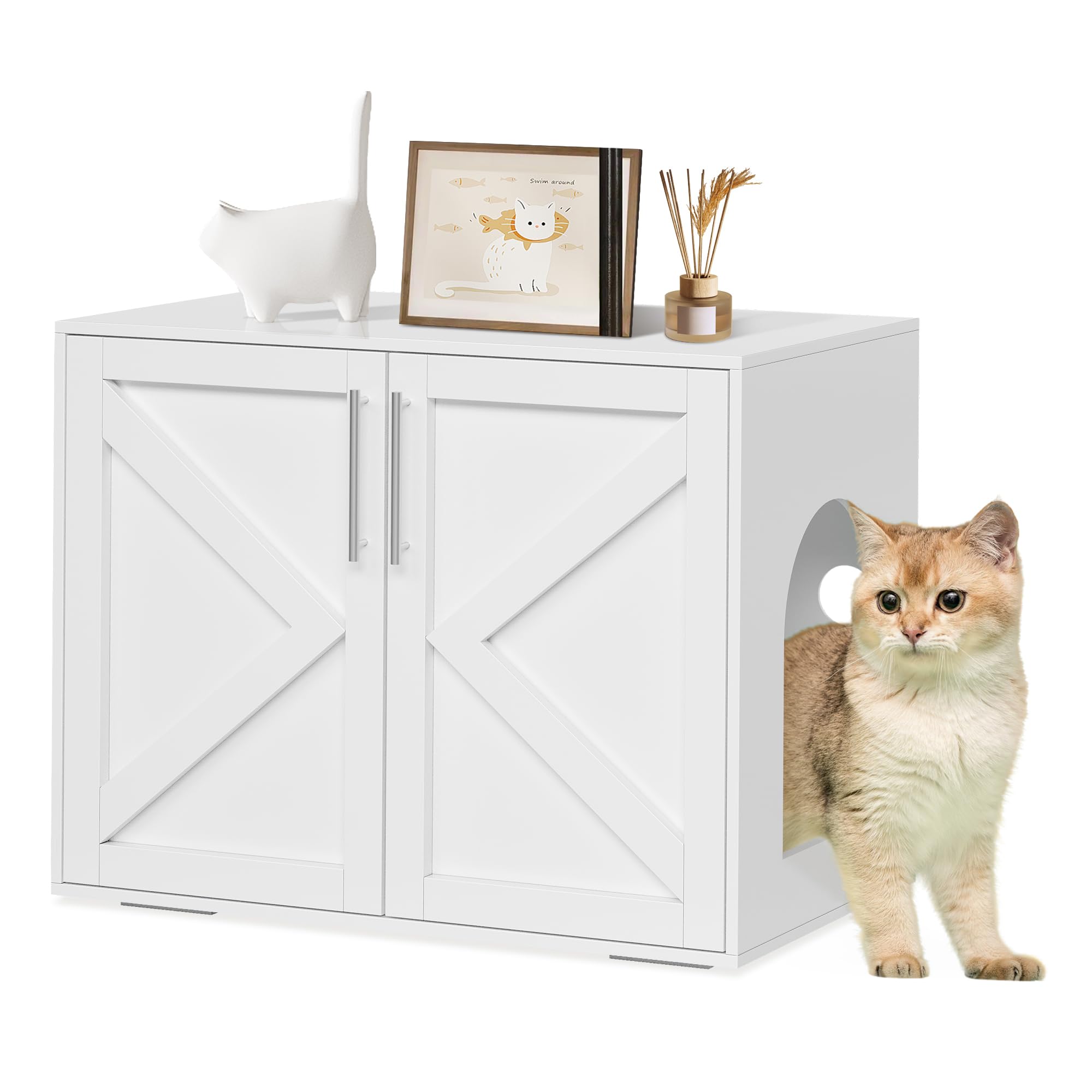Aptliton White Wooden Cat Litter Box Enclosure - Hidden Cat Washroom Cabinet with Barn Door - Spacious & Odor Control - Indoor Pet House Side Table - White