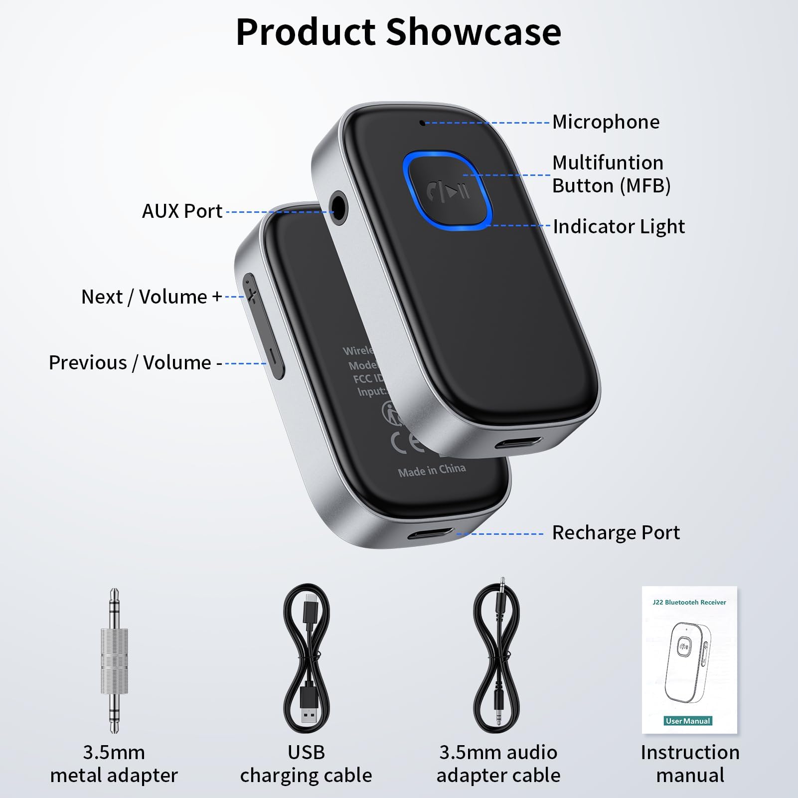 GlasFlength Aux Auto, Ricevitore Bluetooth 5.0 per vivavoce, Stereo Musica Adattatore Aux 3,5 mm 16 ore di tempo di riproduzione adattatore per autoradio cuffie stereo