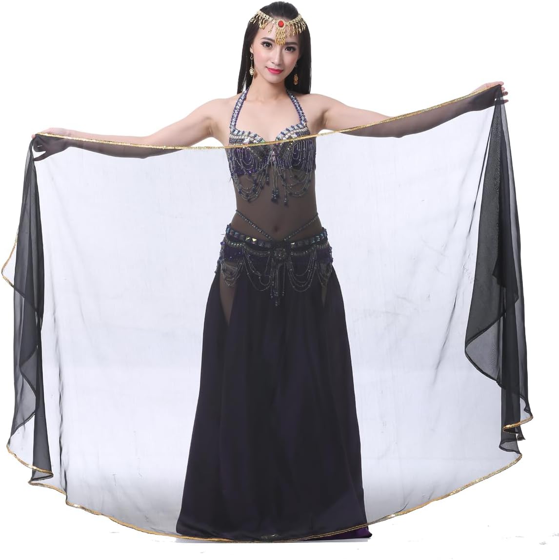 SHOWYOU Lightweight Semicircle Chiffon Hand Scarf Belly Dance Costume Outfit Hip Scarf Sequin Trim Shawls Veils - Image 4