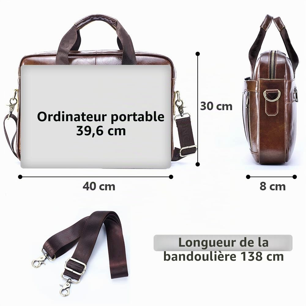 Sacoche Ordinateur Homme Cuir Véritable 15,6 Pouces Bandoulière Sac Porte Document Business