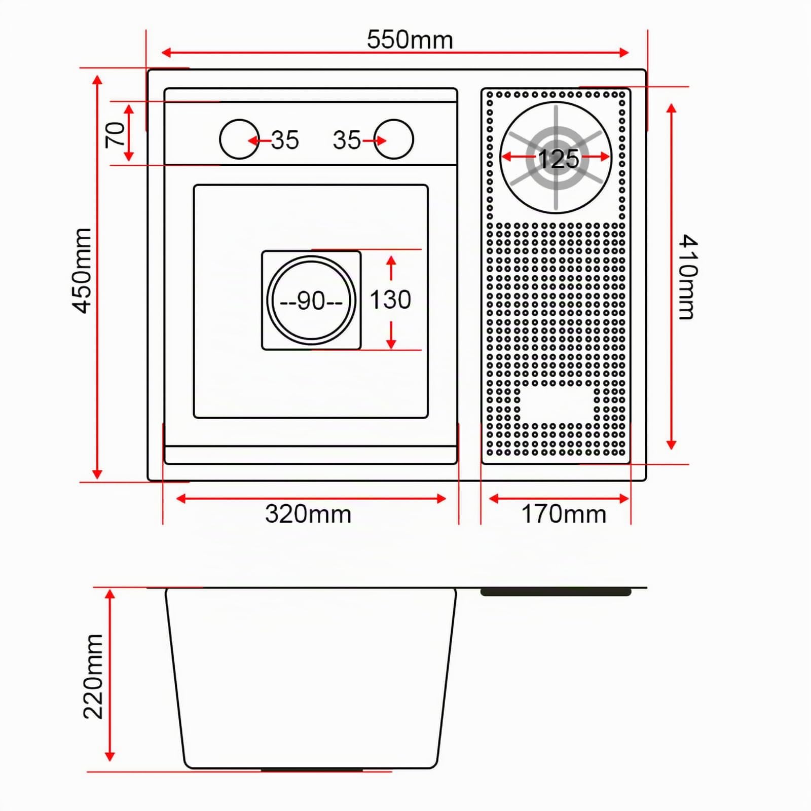 Fregadero negro mate, 55 x 45 cm, fregadero de cocina invisible, fregadero empotrable, fregadero de cocina, fregadero de acero inoxidable, lavabo con grifo elevador extensible y función de lavado de
