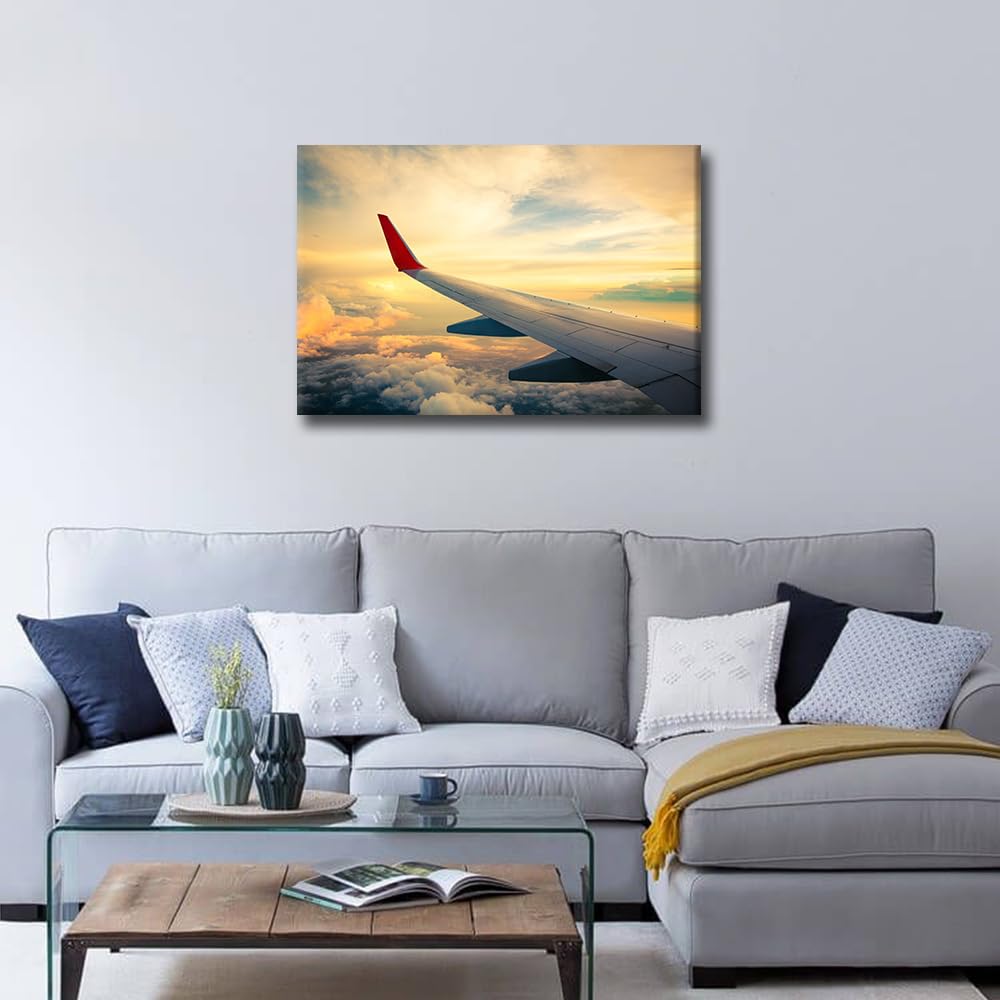 TISHIRON Wall Decor Airplane Wings Canvas Wall Art Aircraft and Sunset Clouds Modern Artwork for Office Picture Print on Canvas Wall Decorations Framed Ready to Hang for Living Bedroom Home 24x16in - Image 4