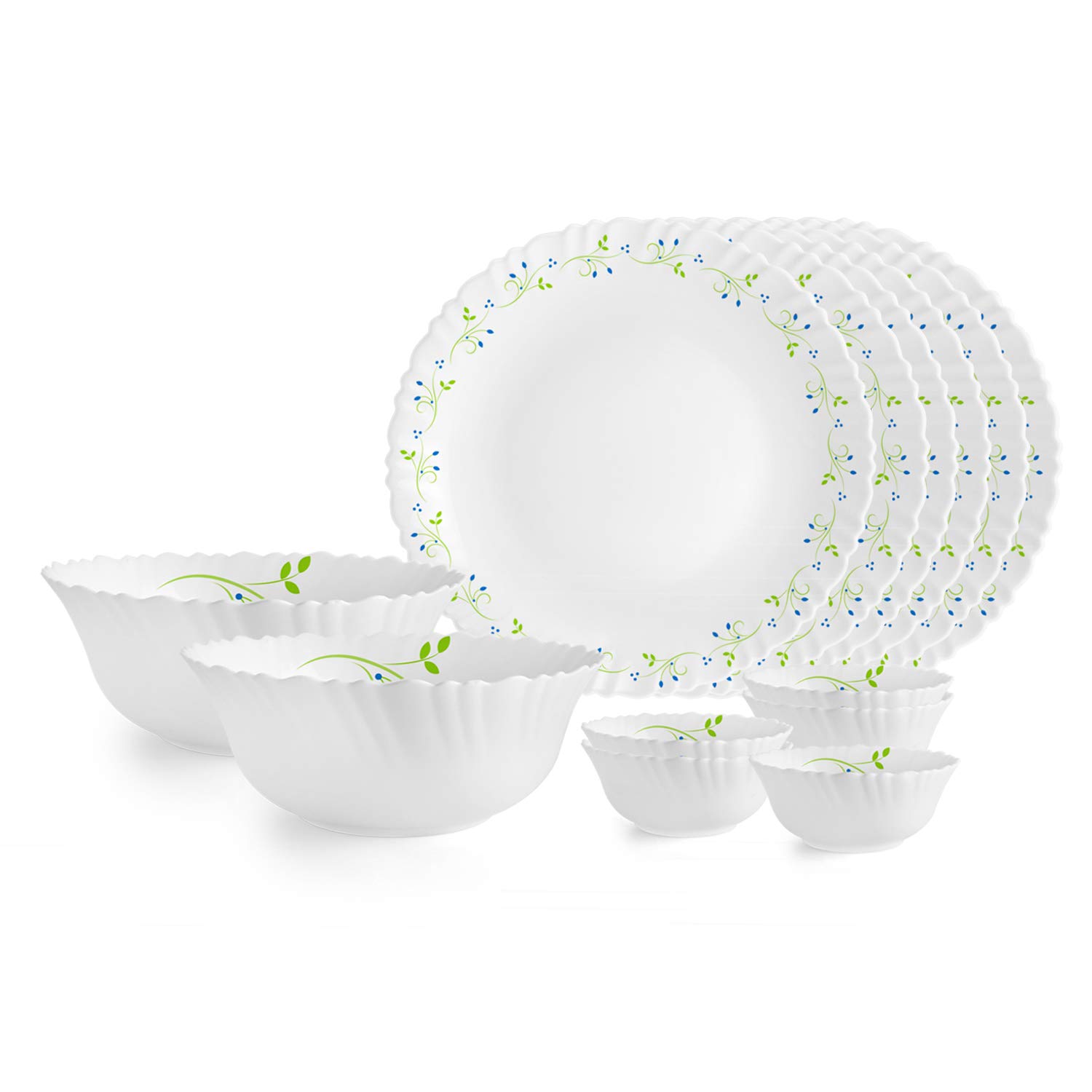 CELLO Tropical Lagoon Dazzle Series Opalware Dinner Set of 14 Pieces For Family of 4 | Bone-Ash Free & Leadfree Opal Glass, Microwave & Dishwasher Safe Plates & Bowls Crockery Set For Dining & Gifting