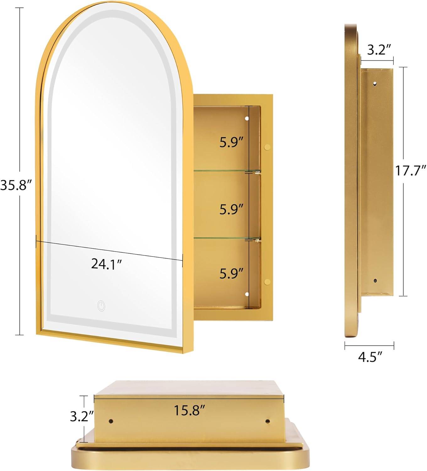 soges LED Medicine Cabinet Lighted Bathroom Mirror, 36”x24” Arched Recessed Medicine Cabinet with 2 Storage Shelves & Beveled Edge Mirror for Bathroom, Wall Mounted Mirror Cabinet, Gold