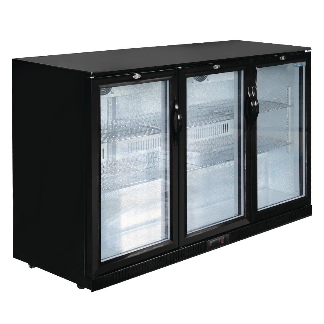 Polar Refrigeration G-Series 350W Back Bar Cooler Display Fridge with 3 Hinged Doors 330 Litre, Black, 2°C to 8°C, 900(H) x1350(W) x520(D) mm, 6 Shelves, Lockable Doors, Energy Rating D | GL004