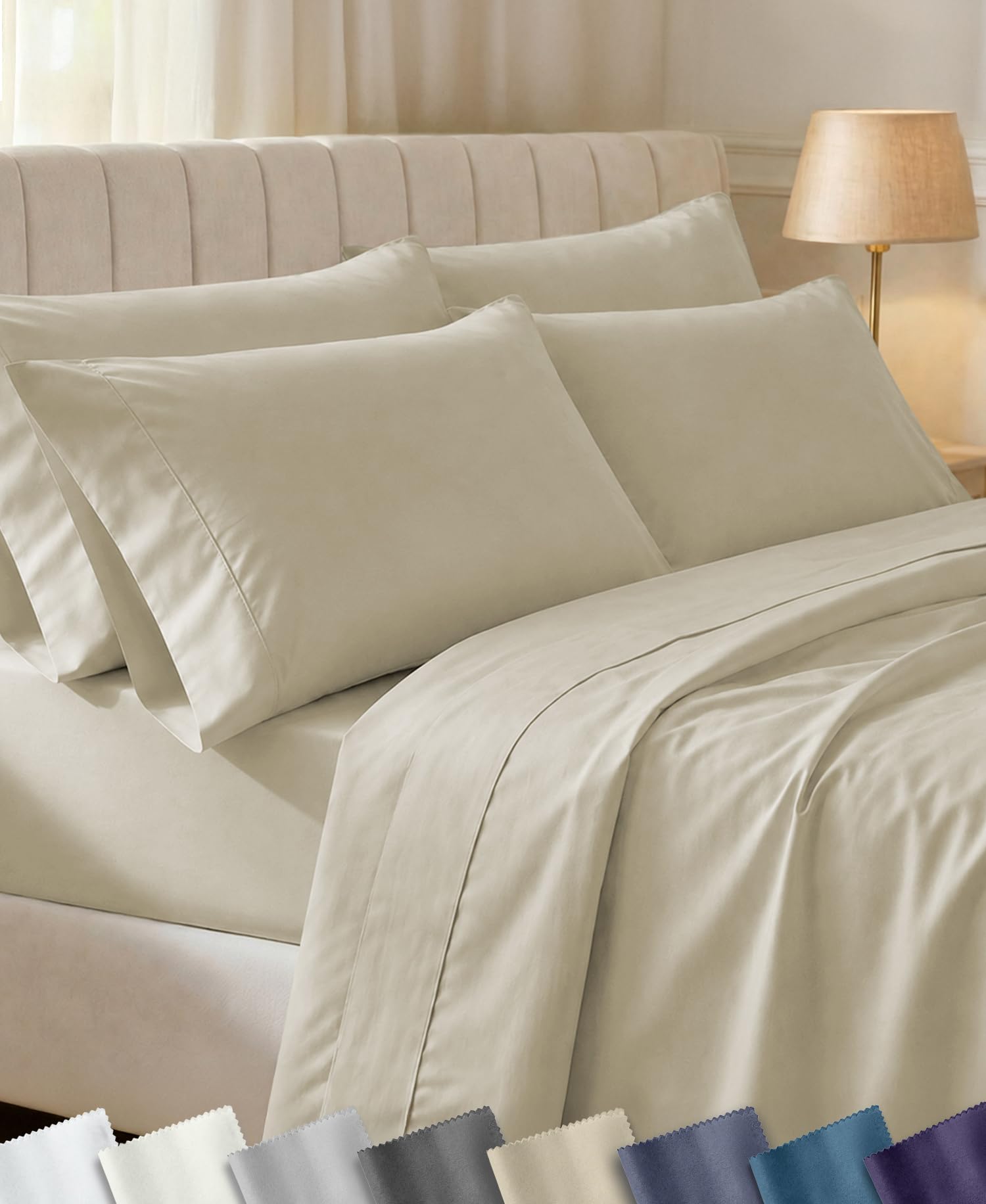 California Design Den 100% Cotton Sateen King Size Sheets Set, 6 Pcs, Beige | 6 Pcs with 4 Pillowcases, 400 Thread Count Backed by Good Housekeeping Seal, 16" Deep Pocket, All-Around Elastic, Durable 05 - Beige King 6pc with 4-Pillowcases