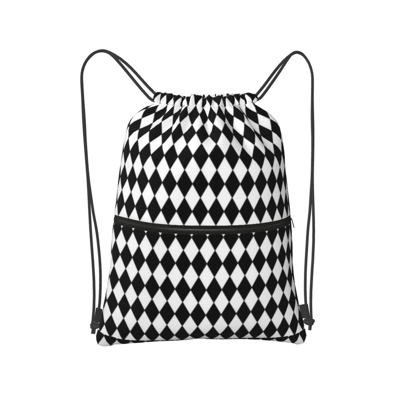 SJOAOAA Drawstring Bag Harlequin Diamonds Black White Drawstring Zipper Backpack Water Resistant String Bag Sports Sackpack Gym Sack With Side Pocket For Men Women