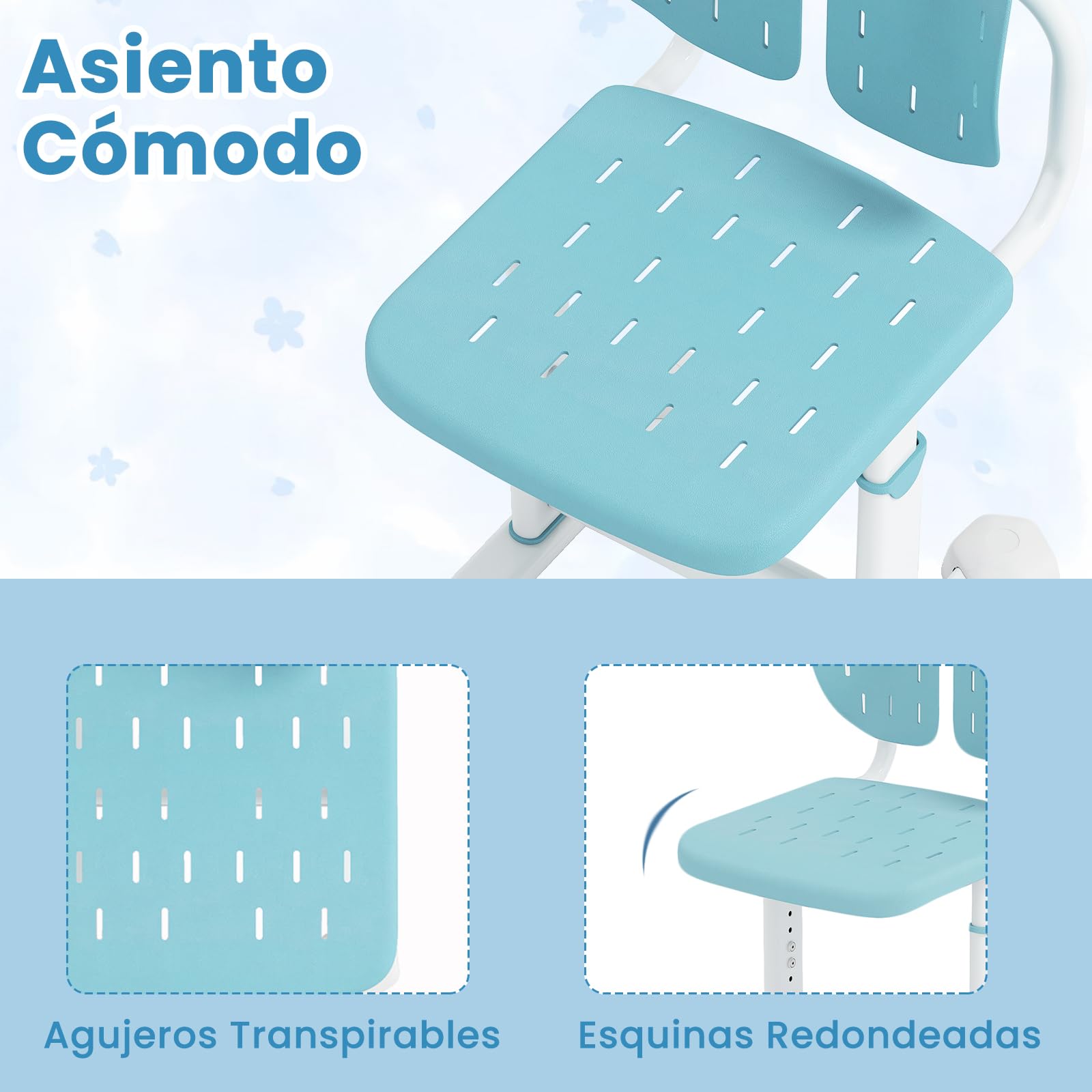 COSTWAY Silla Escritorio Infantil, Silla Juvenil para Escritorio con 5 Altura Ajustables, Doble Respaldo y Asiento Transpirable, Estructura Metálica, Asiento de Ordenador para Niños de 3+ Años (Azul)