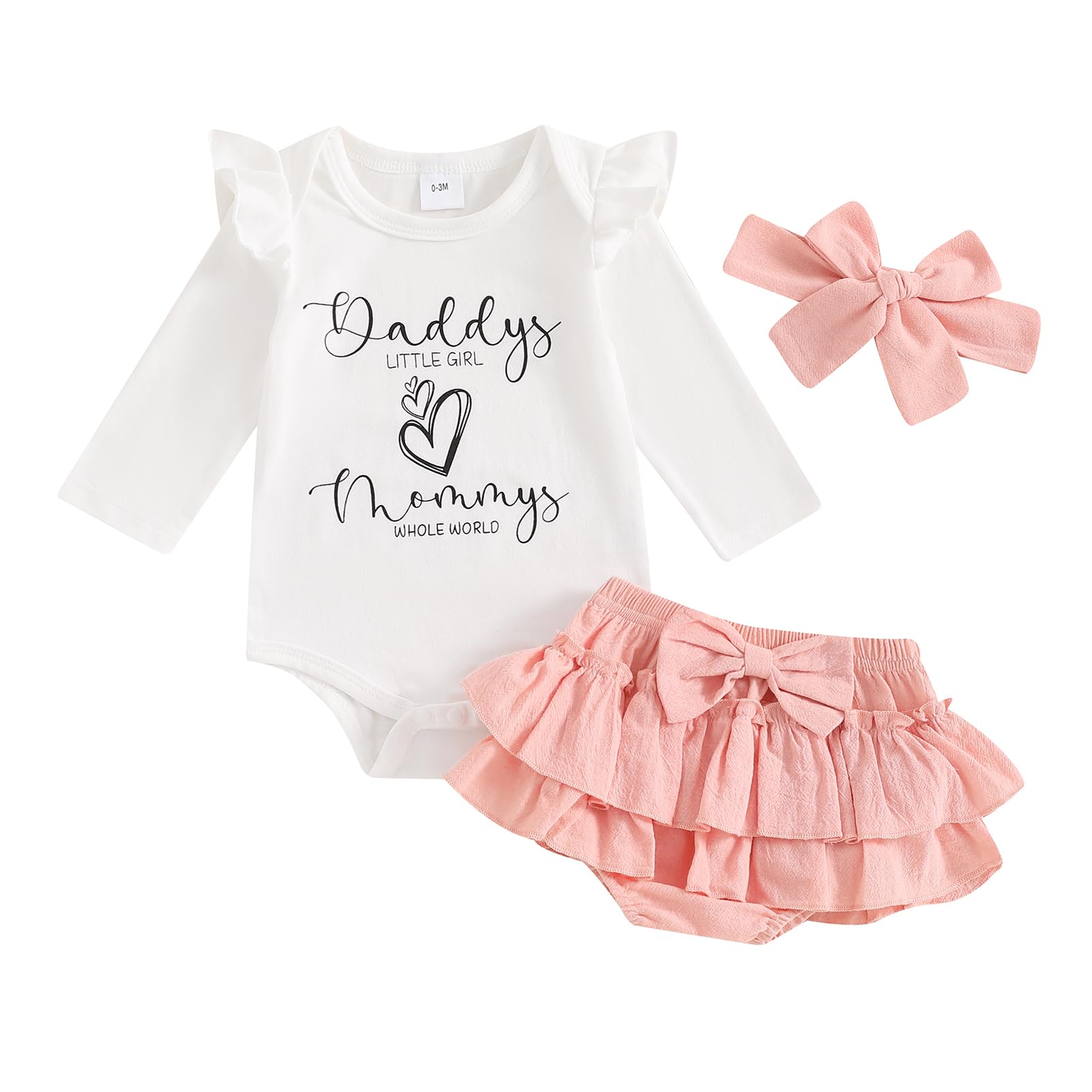 Newborn Baby Girl Clothes Daddys Little Girl Mommys Whole World Ruffle Long Sleeve Romper Top Layered Ruffle Skirts Short Bow Headband Set Cute Infant Girl Fall Outfits 3Pcs (White/Pink, 3-6 Months)