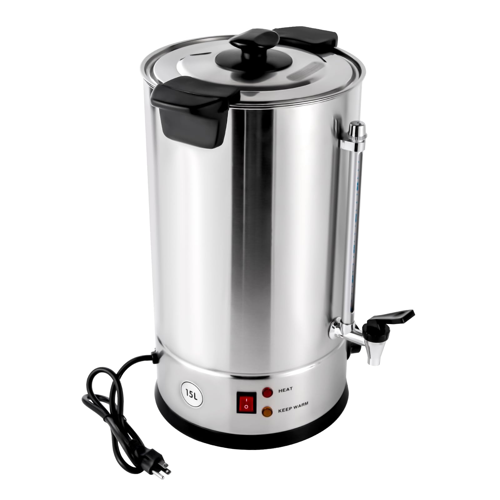 RTUSUML Commercial Coffee Urn, 100 Cup Extra Large Hot Water Urn, 15L Silver Double Wall Stainless Steel Large Coffee Urns, 1400W Quick Brew Commercial Coffee Percolator, For Home, Party, Office