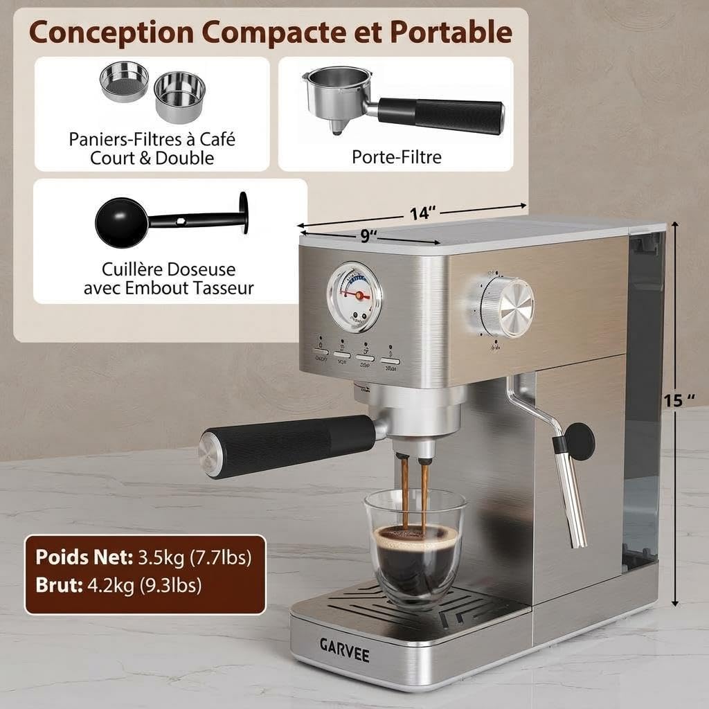 Acekool Máquina de espresso semiautomática 15 bares 1300W - Depósito 1,4L, manómetro, espumador manual - Calentador rápido, acero inoxidable, para café, capuchino, latte - plata (estándar europeo)