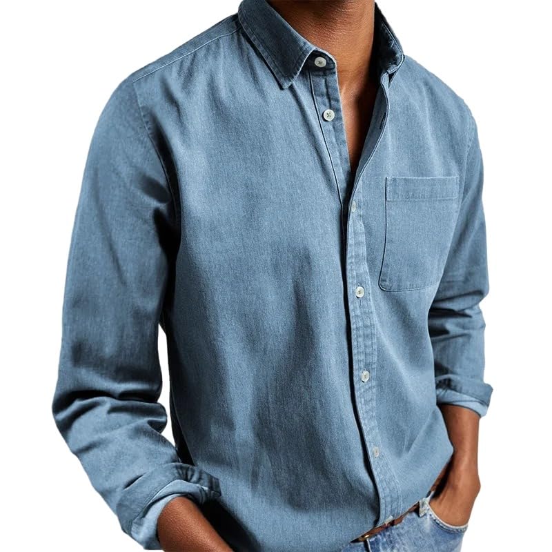 Mens Denim Shirt Long Sleeve Button Down Shacket Work Western Shirts Regular Fit Cowboy Casual Blouse