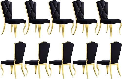 Miniatura 17 de Juego de 4 sillas de comedor de terciopelo negro, sillas de cocina tapizadas con respaldo alto con patas de metal pulido dorado, sillas de comedor