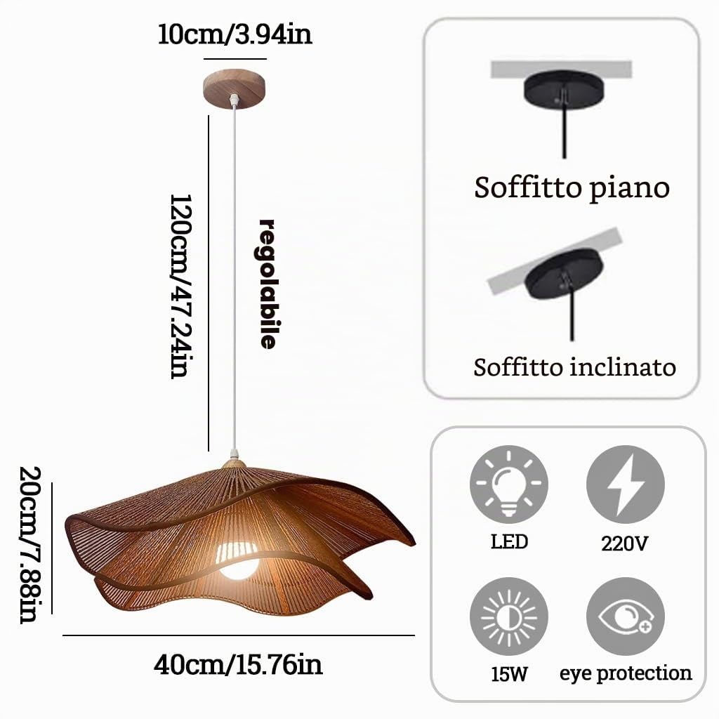 Lampada A Sospensione In Vimini Lampadario Stile Rustico Retrò Lampa In Stile Bohémien Tavolo Da Pranzo Lampada A Soffitto LED Adatta Per Sala Da Pranzo Soggiorno Camera Da Letto(Marrone,40CM)
