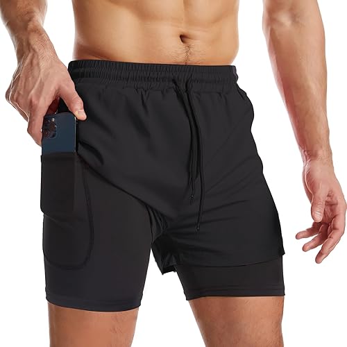 Surenow Mens 2 in 1 Running Shorts Quick Dry Athletic Shorts with Liner, Workout Shorts with Zip Pockets and Towel Loop