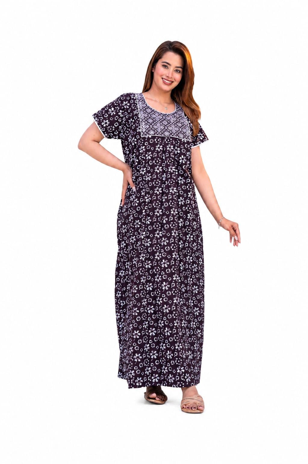 Women's Pure Cotton Maxi Nighty Wine Block Print (Free Size)-picture-27