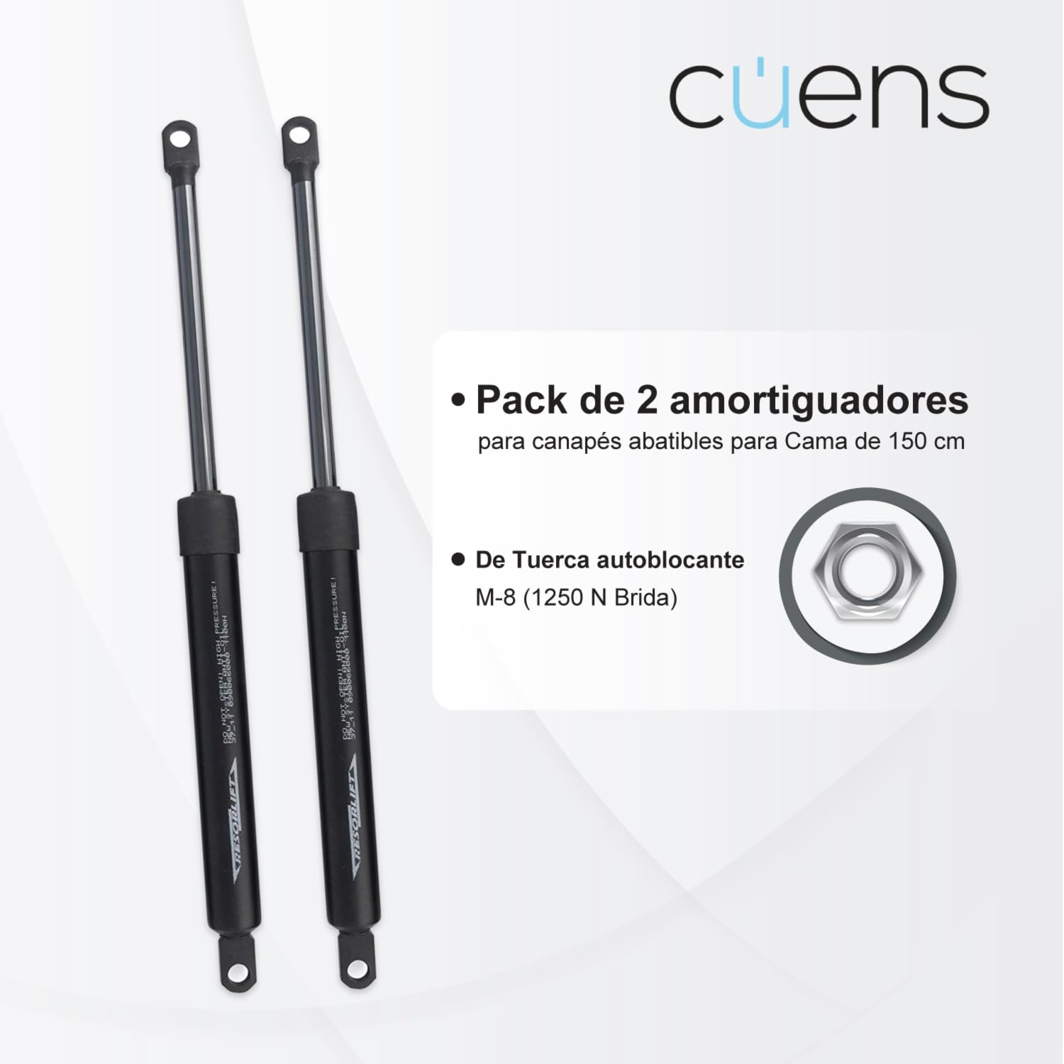 Juego de 2 amortiguadores o Resortes de Gas para canapés de 1150N - Brida M-8 - Ideal para canapés de 135cm - Cuens