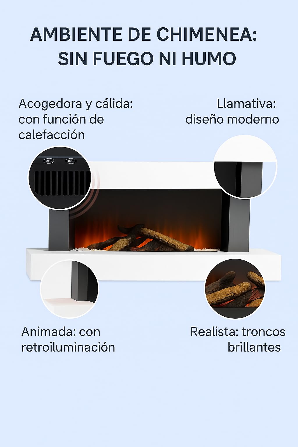 DUPI Chimenea Eléctrica Nero Pro SENZIA | 3 en 1 con Calefacción | Efecto Llama 3D Panorámica | 12 Colores Llama | App Tuya/Smart Life/Alexa | Blanco/Gris | 134x58x21cm