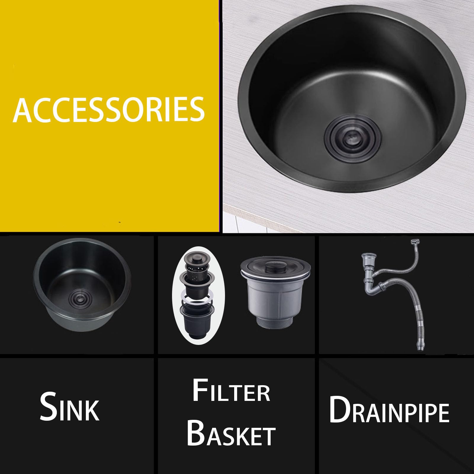 Fregadero de acero inoxidable con 1 cuenco redondo negro con juego de desagüe, instalación empotrable o inferior (Ø 25 cm), esencial para la cocina moderna