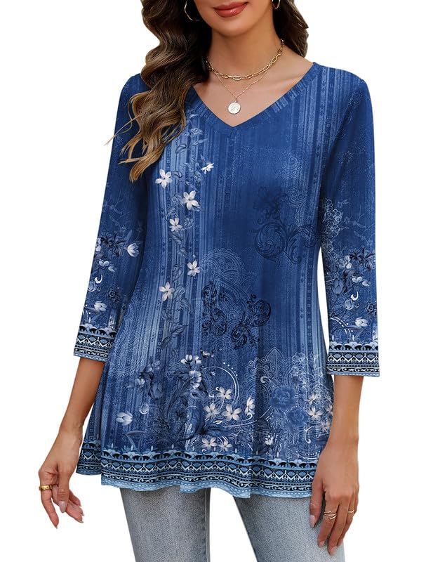 Womens Tunic Tops 3/4 Sleeve V Neck T Shirts Loose Fit Dressy Casual Blouses Boho Business Outfits