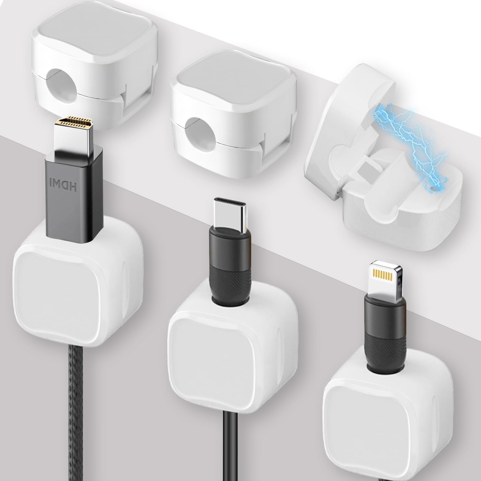 6 Pack Clip Organizador Cables Magnética, Ajustable Organizador Cables Escritorio, con Adhesivo Autoadhesivo, Apto para Cables de Carga, HDMI, Cable de Audio, Escritorio, Mesitas de Noche Blanco