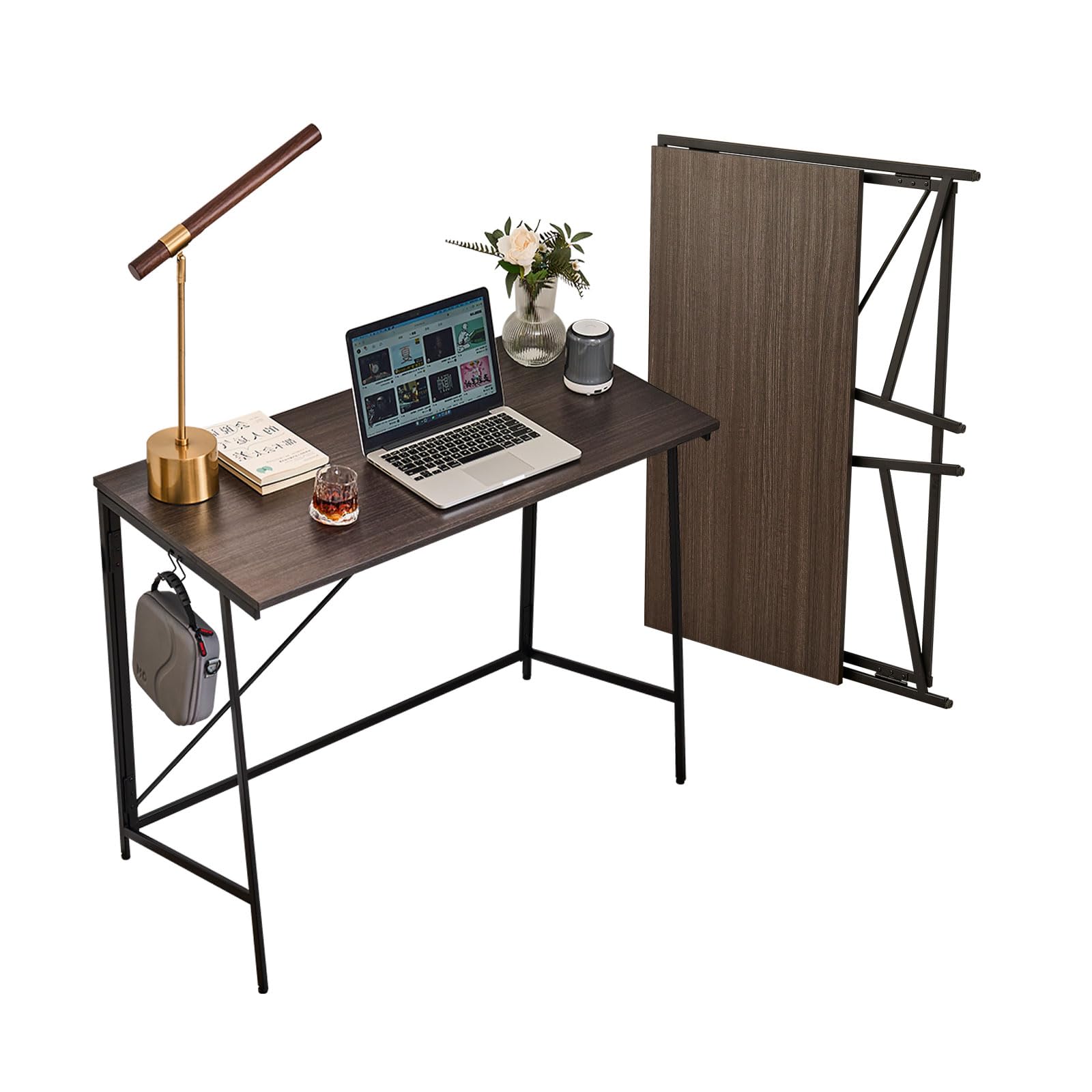 Folding Desk No Assembly Required- 39" Writing Computer Desk Space Saving Foldable Table for Simple Home Office (Gray-Black)