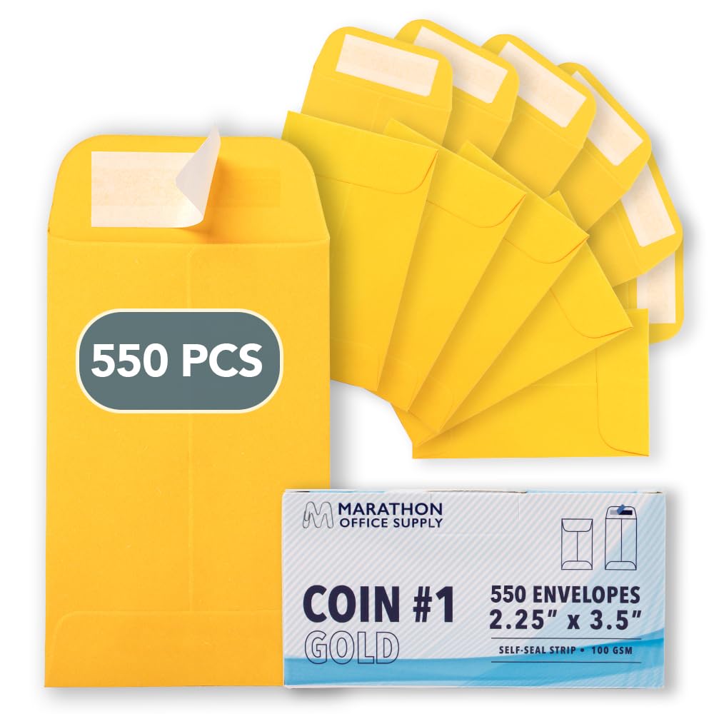 MOS - Sobres dorados #1 de 2.25 x 3.5 pulgadas, paquete de 550 sobres pequeños amarillos autosellantes para monedas, semillas, piezas pequeñas, coleccionables, joyas, almacenamiento de manualidades