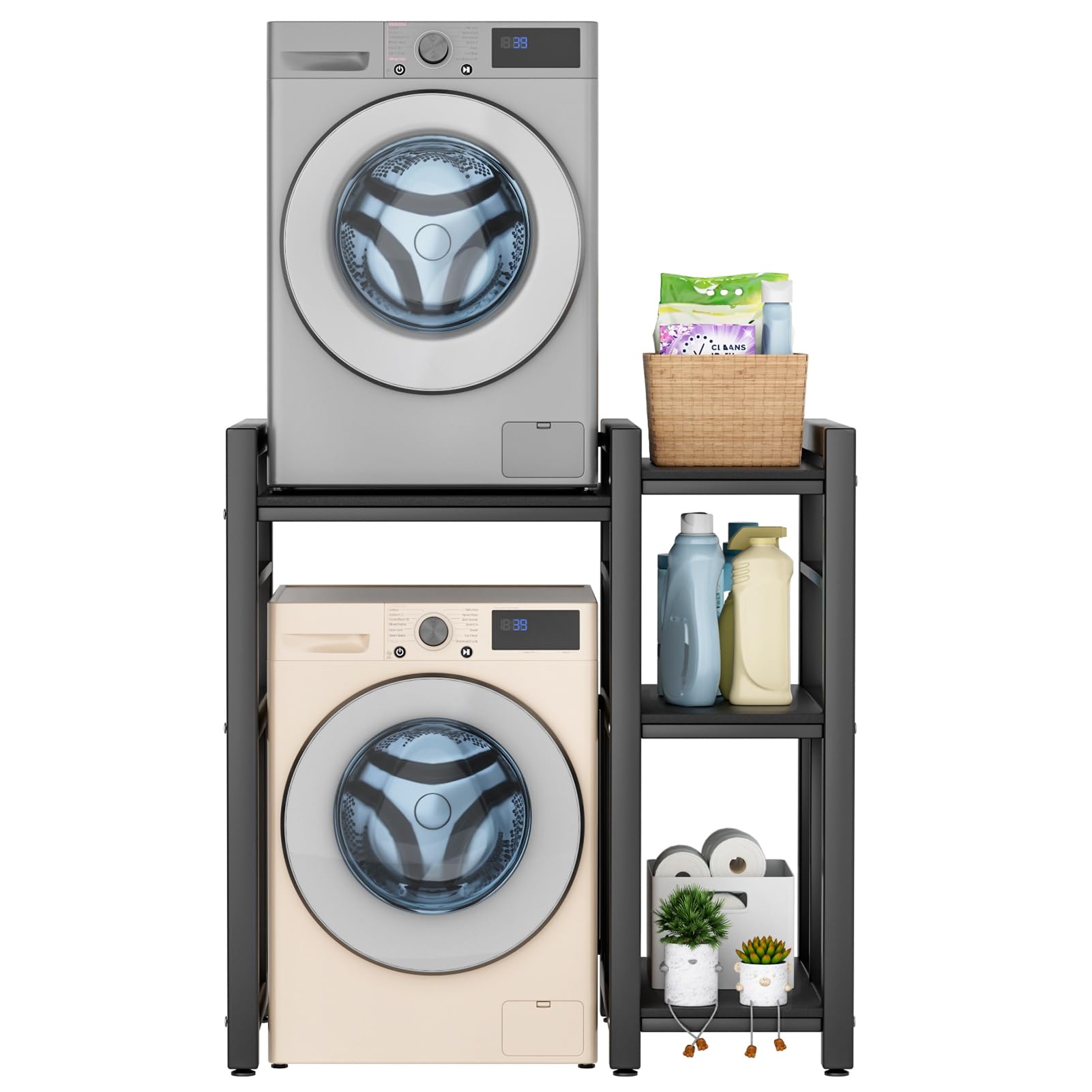 Washer Dryer Stacking Rack for Laundry Room and Bathroom, Heavy Duty Over Washer Dryer Shelves, 3 Height Adjustable, 300KG Capacity, Washing Machine Stand for Saving Space Black