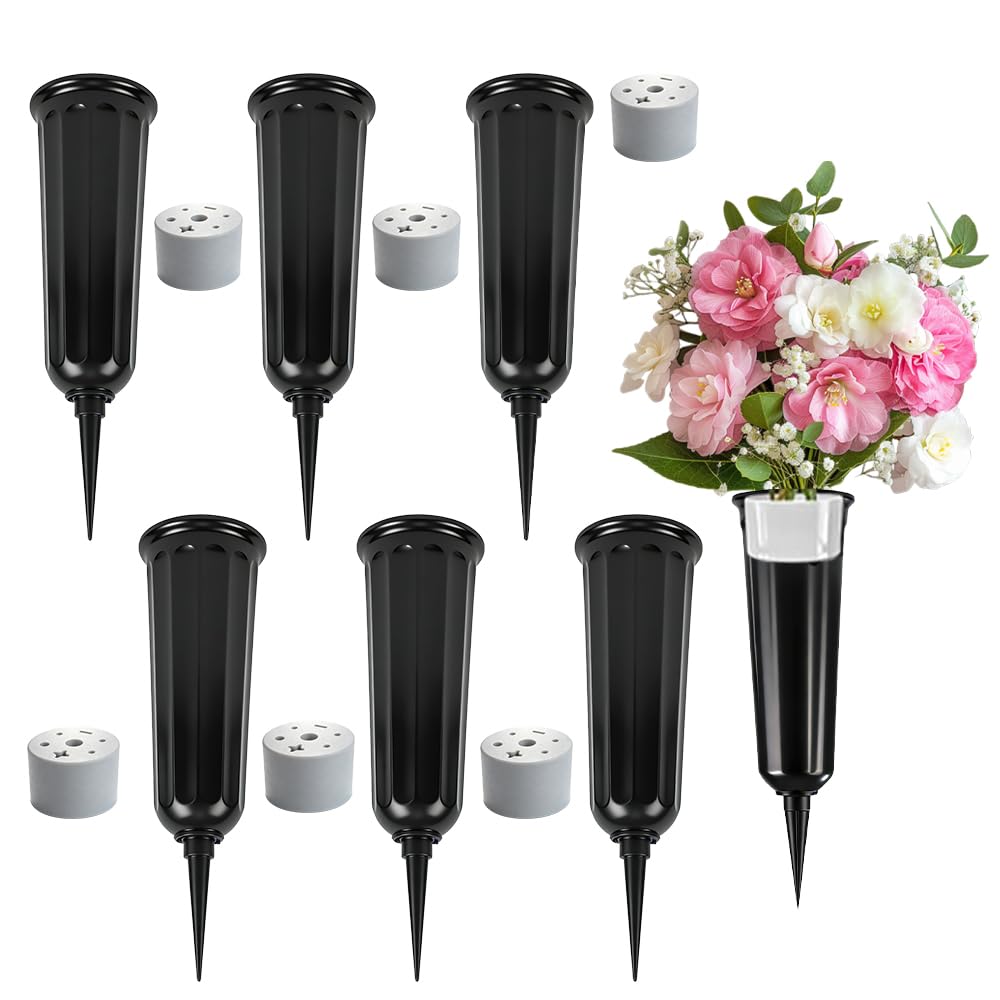 Zmcvoe Black Grave Flower Pots, 6Pcs Grave Vases With Spike, Plastic Cemetery Flower Pots, Memorial Vases, Grave Flower Holders For Graves Lawn Decoration (, Flowers Is Not Included)