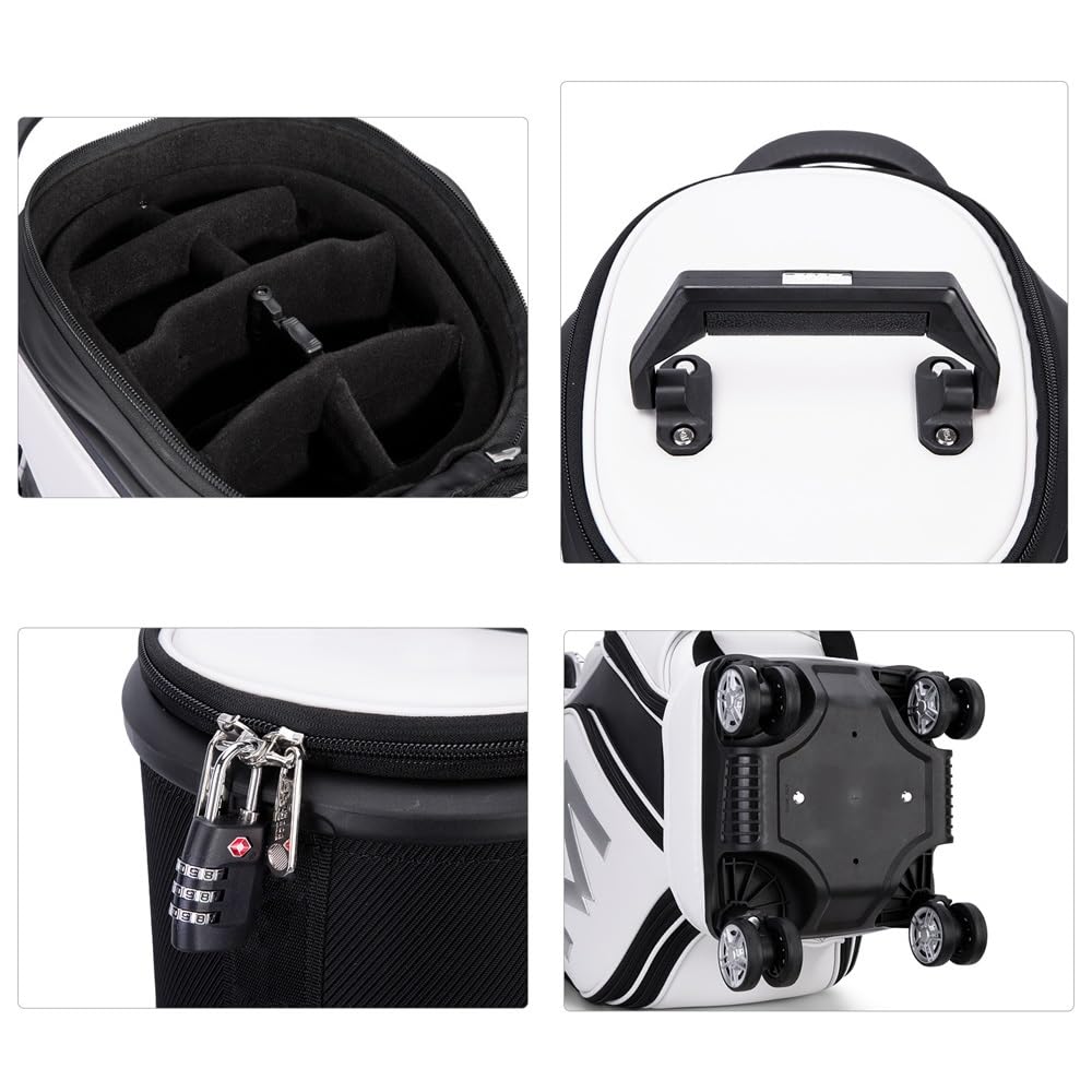 Torba golfowa z 8 górnymi przegródkami, ergonomiczna, chowana torba na kije golfowe z kółkami, pokrowcem przeciwkurzowym, paskiem plecaka i górnymi przegródkami(White)