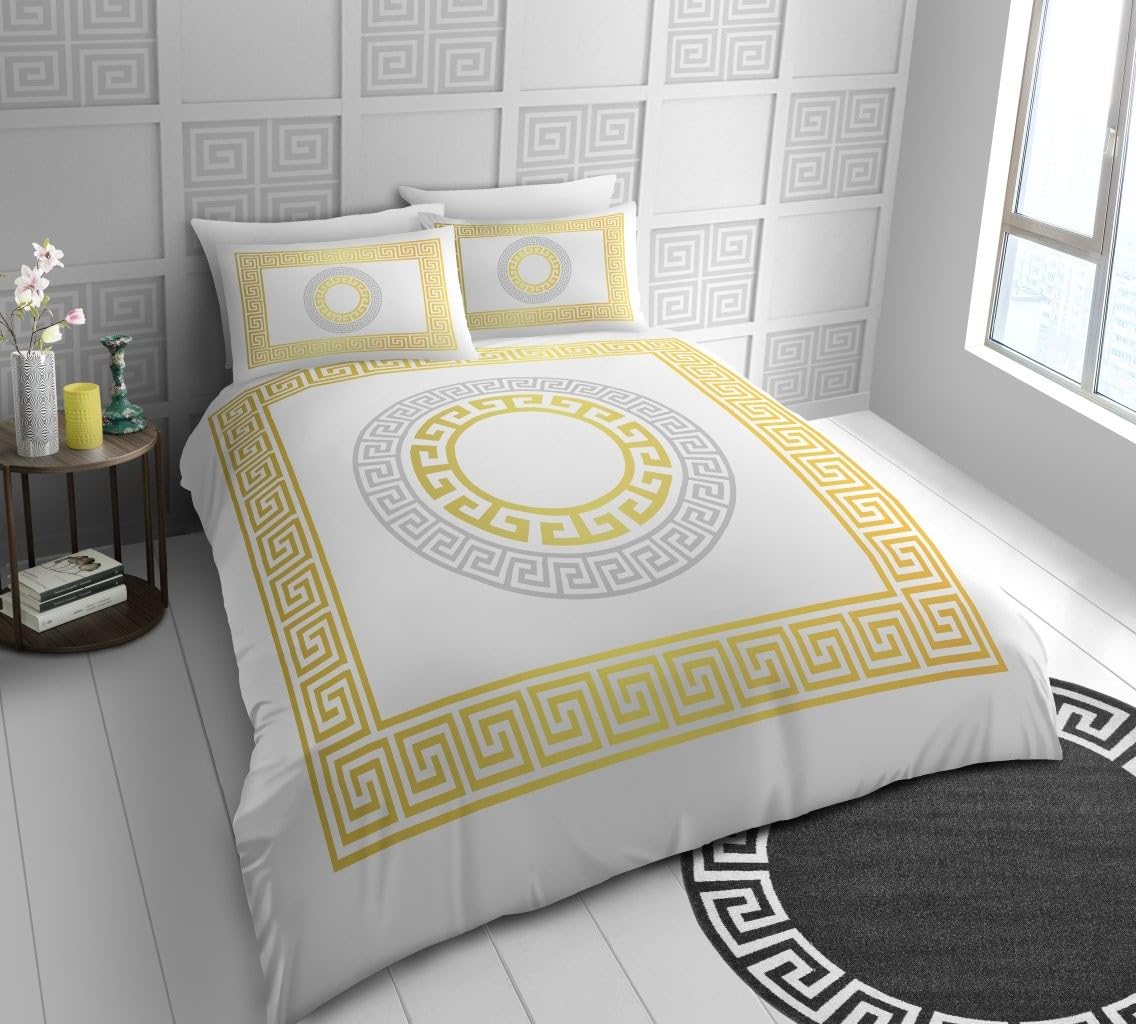 Lions Microfibre Bedding - Reversible Greek Double Bed Duvet Cover Sets with Matching Pillowcase, 100% Polyester Hypoallergenic Quilt Covers, Soft Geometric Pattern, White - 200x200cm