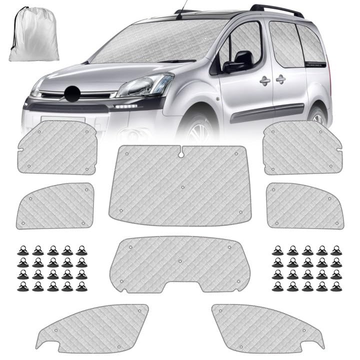 Pare-Soleil de Pare-Brise de Voiture Compatible avec 2008-2018 Citroen Berlingo Peugeot Partner, Lot de 8 Pliables Pare-Soleil pour Intérieur de Voiture, Tapis Thermiques Internes