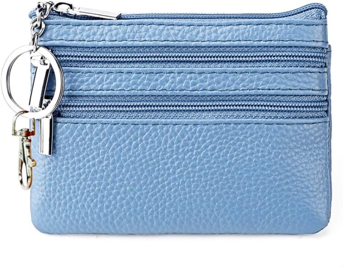 Genuine Leather Small Coin Purse Pouch Mini Wallet with Zipper Keychain for Women(3.54 x 4.33 inch, Light Blue)