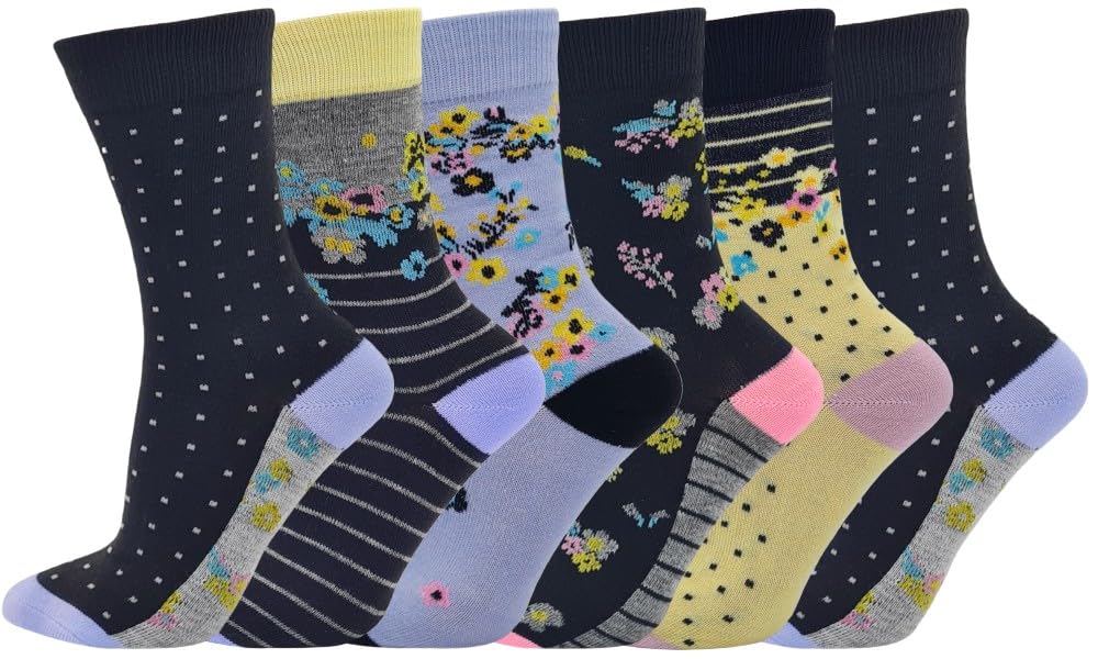 Ladies Womens Ankle Socks Cotton Rich Funky Designs Multipack Of 6 Pairs Size 4-8 (UK, Numeric, 4, 8, Regular, Regular, Flowers)