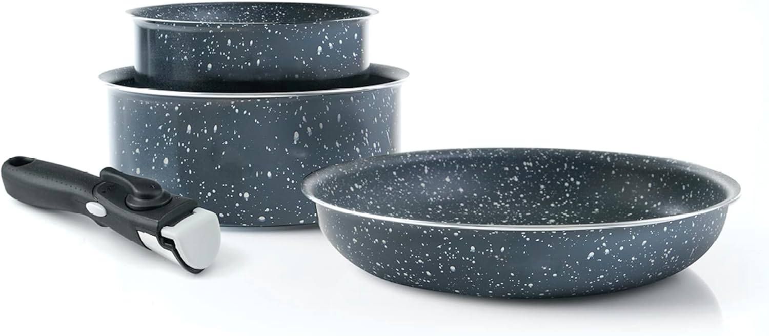 by Brandt 194-009 4-Piece Cookware Set, Set of 2 Cooking Pots, Aluminium, 16/20 cm, Grey Marble and 1 Sauté Pan 24 cm, Marble Grey Aluminium