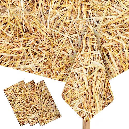 LANMANUO 3PCS Straw Tablecover Hay Bales for Decoration Hillbilly Party Decorations Waterproof Western Farm Plastic Tablecloth Cowboy Party Supplies, 54 x 108 Inch