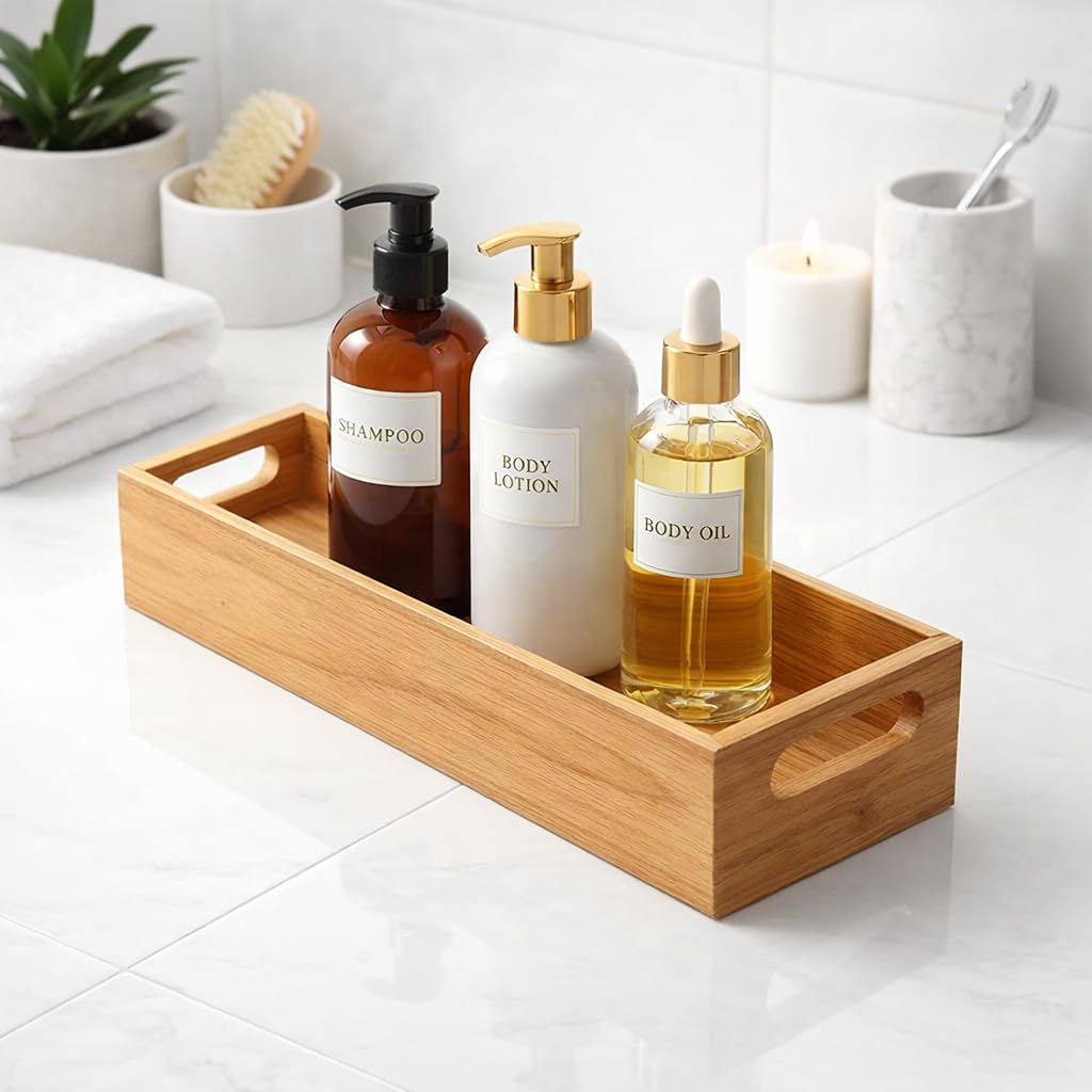 HusNain Wooden Bathroom Tray with 3 Compartments Multipurpose Kitchen Countertop Organizer, Soap Dish, Candles & Accessories Vanity for Bathroom Sink (1 Compartment)-image-49