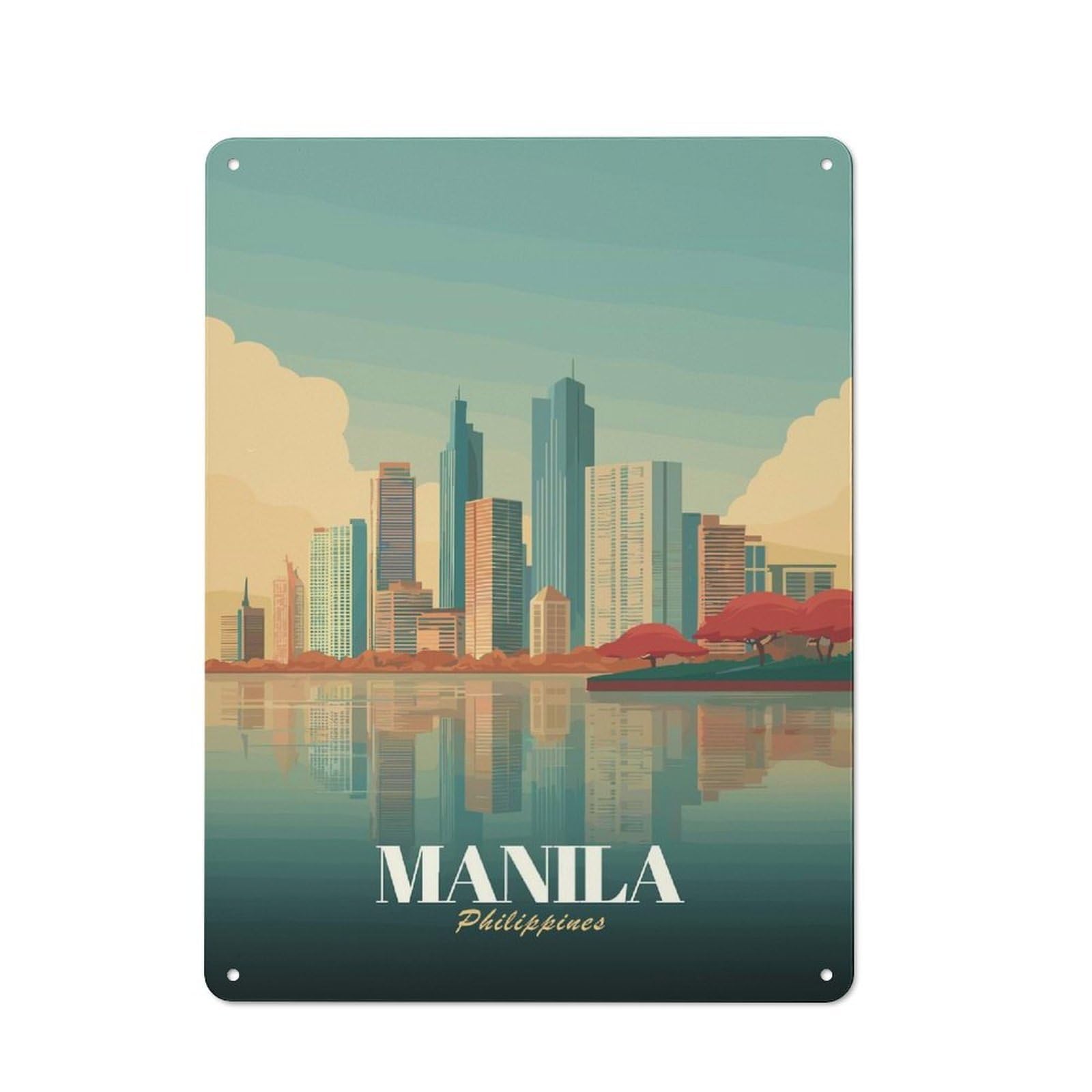 Junmoney Style-6 Manila Skyline Reflection Rustic Metal Wall Sign 40X30cm For Workshop Wall, Suited To Makers And Diy Enthusiasts
