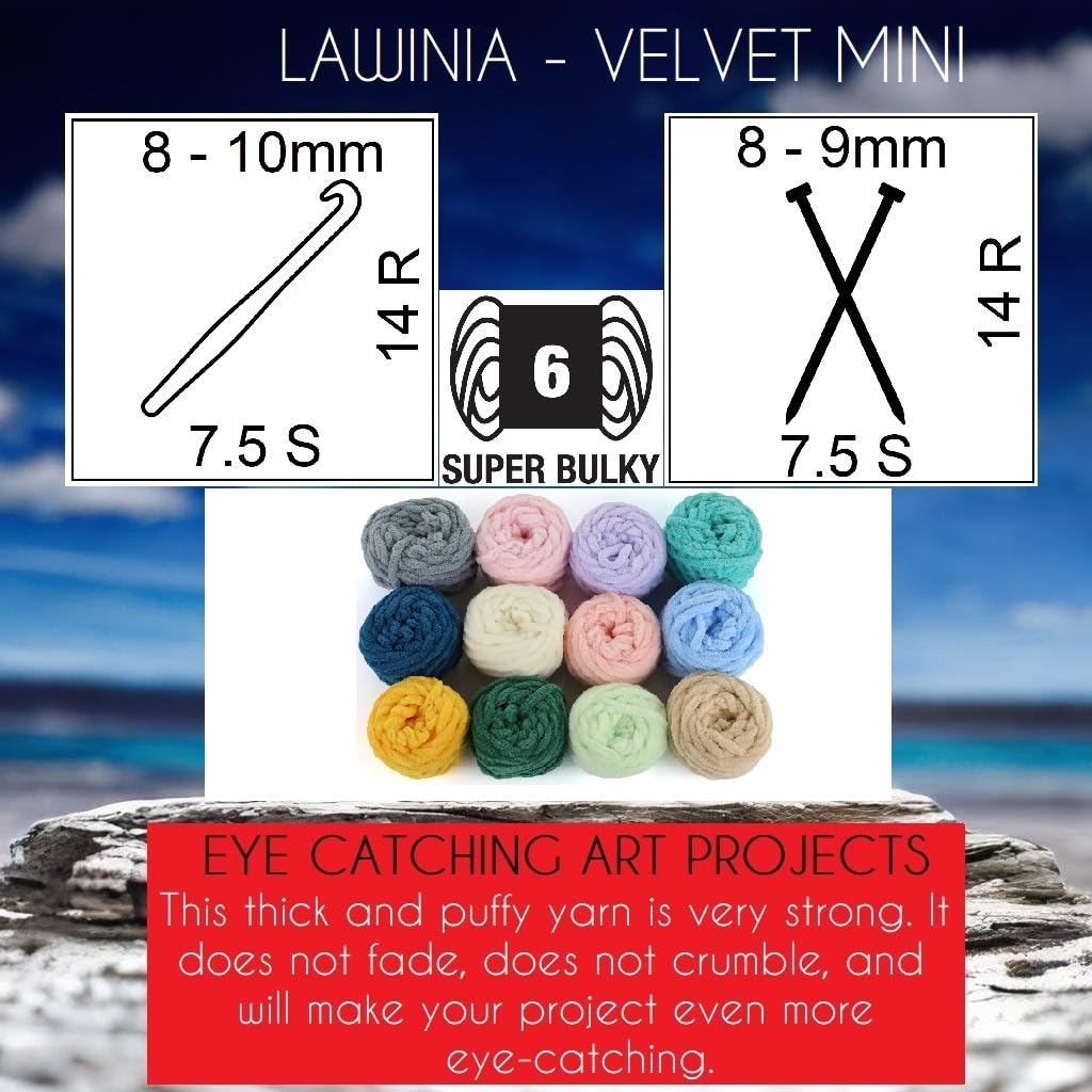 LAWINIA Velvet Premium Mini Soft Chenille Yarn Chunky, Pack of 12 Each 25g, Blanket Velvet Yarn Crochet, Does NOT SHED - Image 3