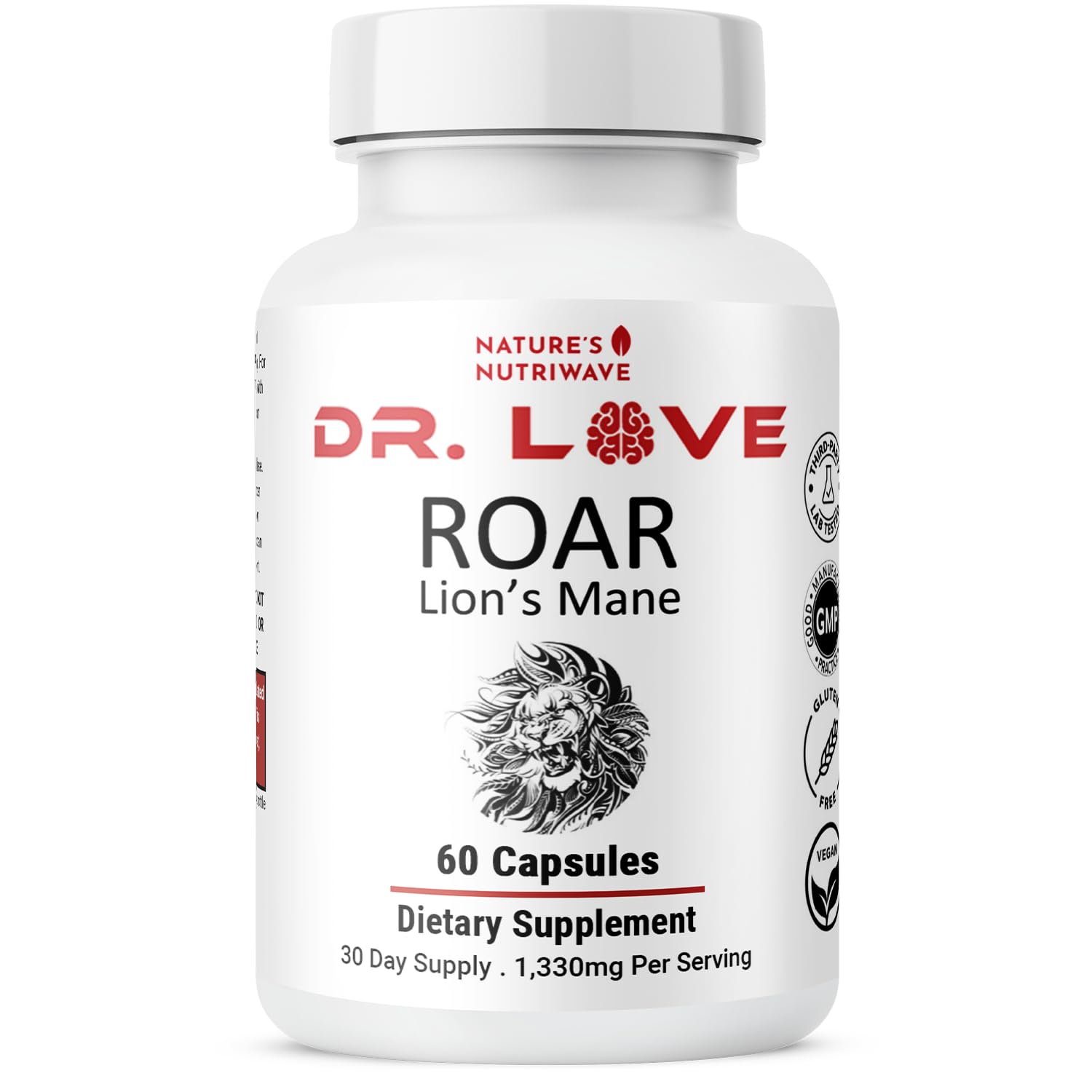 Dr. Love Roar Lion’s Mane Mushroom Supplement – Plant-Based Formula with Cordyceps, Reishi & Shiitake – Vegan, Gluten-Free, GMP Certified, Made in USA – 60 Capsules, 1 Month Supply