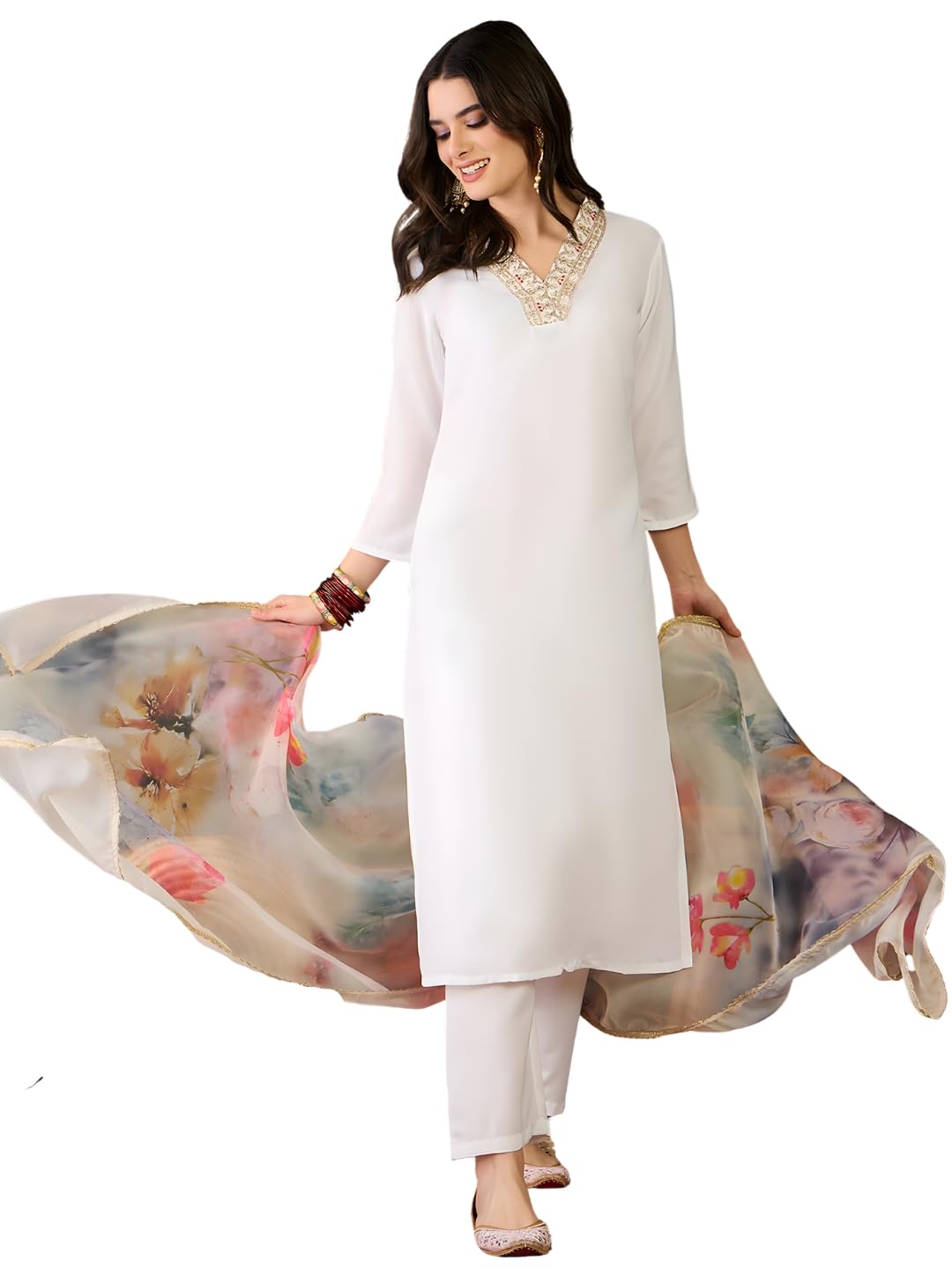 naixa Women's Offwhite Rayon Blend Embroidered Straight Kurta with Rayon Blend Pant and Organza Printed Dupatta Sets-picture-34