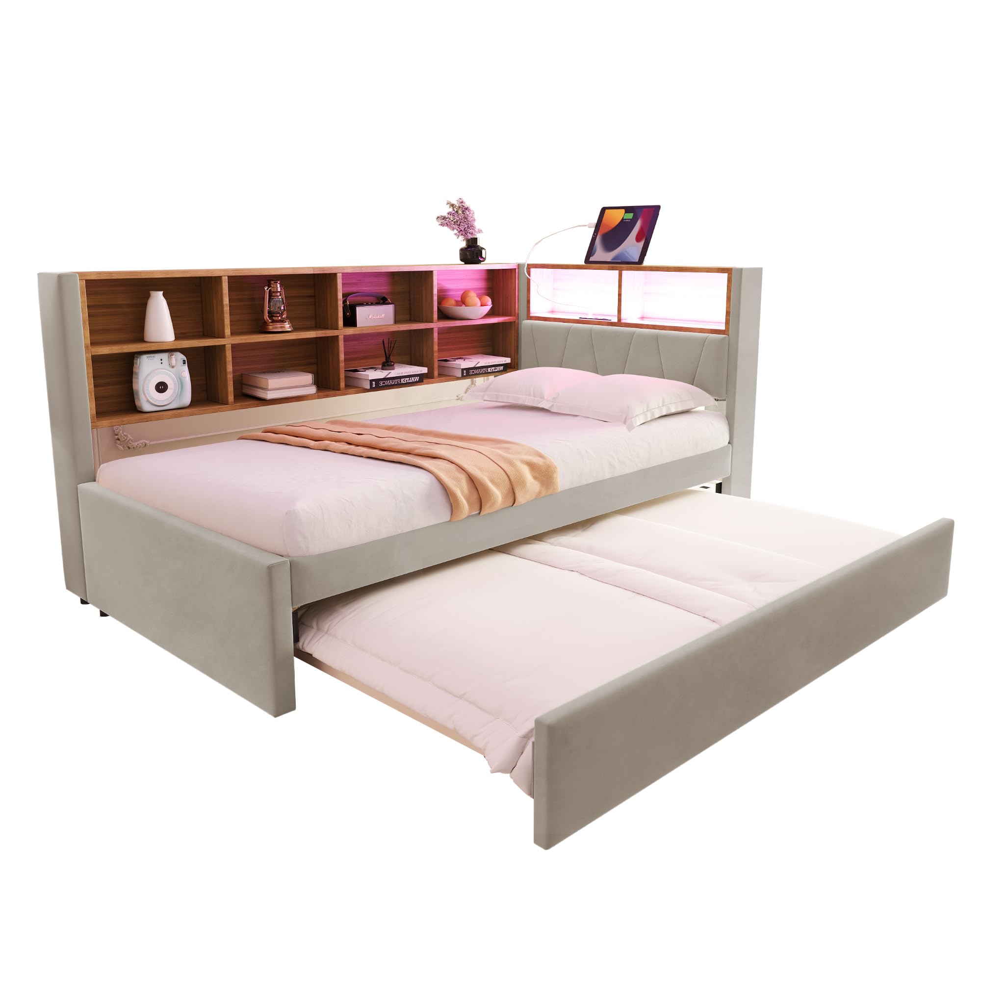 Tagesbett Schlafsofa 90x200 cm, Polsterbett Multifunktionsbett mit Ausziehbarem Bett 90x190 cm&USB-Steckdose&LED Leuchten& Mehreren Ablagefächern, Einzelbett mit Lattenrost, Ohne Matratze, Hellgrau