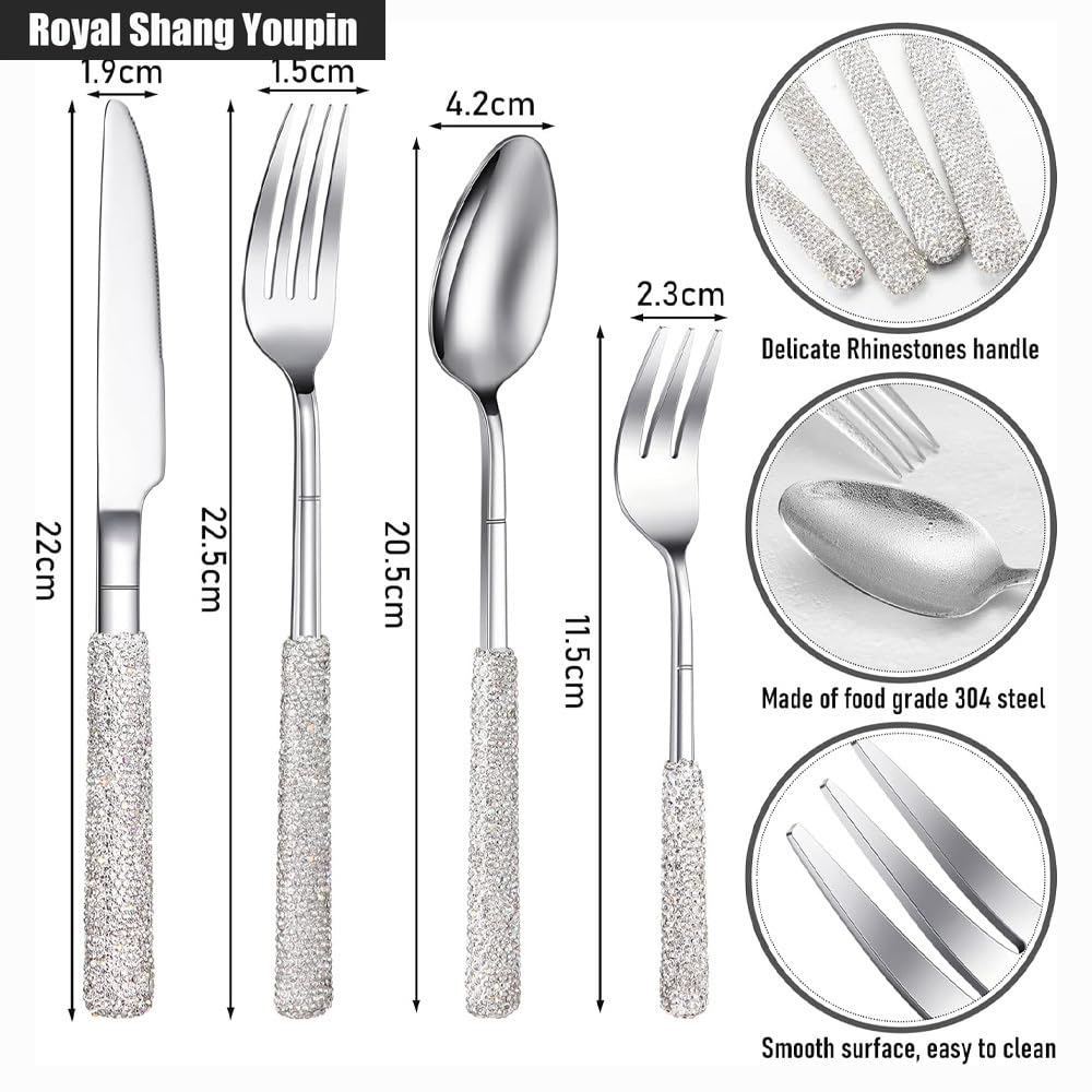 Maniglia Con Intarsio Diamantato Cucina Acciaio Inossidabile Posate Stoviglie Posate Set Coltello Da Bistecca Forchetta Cucchiaio Cucchiaino (Bianco Argento,16 pezzi)