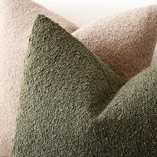 Image of Foindtower Decorative Textured Boucle Throw Pillow Covers Accent Solid Pillow Cases Neutral Soft Cozy Couch Cushion Case for Chair Sofa Bedroom Living Room Home Decor 20x20 Inch,1PC,Moss Green