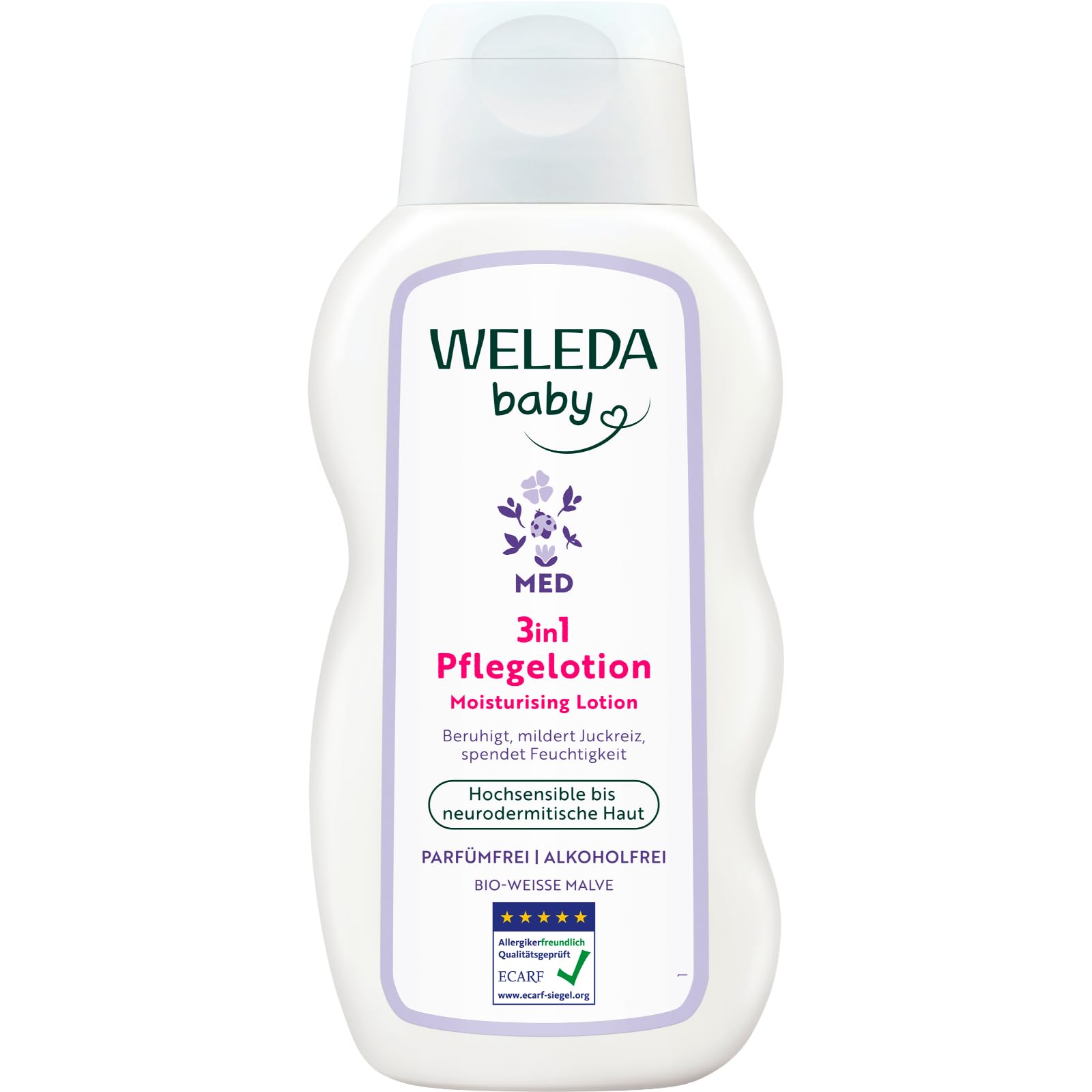 WELEDA Bio Baby Med 3in1 Pflegelotion Weiße Malve - Naturkosmetik Pflegelotion mit Kokosöl & Kakaobutter für hochsensible/neurodermitische Haut. Natürliche Körpflege Lotion für Babys (vegan, 200ml)