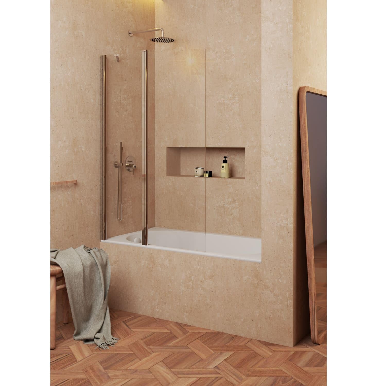 Mampara de bañera frontal hoja fija + abatible 180º- Transparente - Cristal templado 6 mm Antical - Cromo- Ancho 50cm fijo + 75cm abatible– H= 150cm