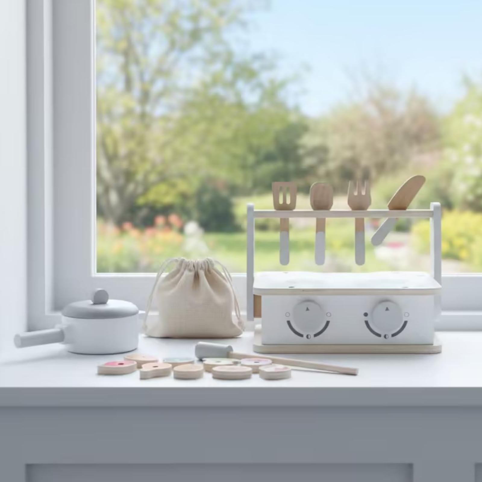 kowaku Cucina Giocattolo Bambini Mini in Legno Portatile Set Cucina Fornello Ripiano Utensili Inclusi con Portautensili a Ganci E Due Manopole Adatta per Gioco Creativo Cameretta Asilo Regali